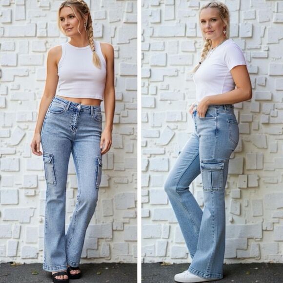 RISEN Retro Cargo High-Rise Slim Flare Tapered Acid Wash Denim Jeans Utility Pan - Picture 3 of 10